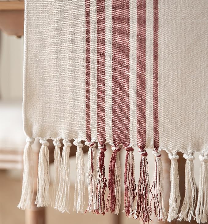 Caflife Boho Table Runner for Modern Farmhouse Fall Decor, Dining Table décor 13 x 60 Inch Long with Handcrafted Tassels, Rust and Beige Stripe Table Runner for Home Boho décor
