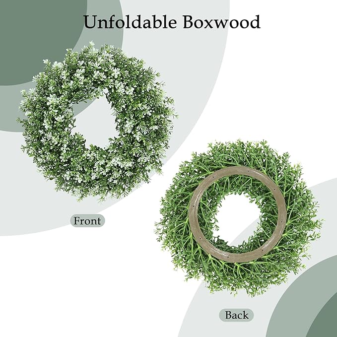 15inch Boxwood Wreath,Artificial Boxwood Wreath for Front Door, Spring Summer Greenery Wreaths for Front Door Farmhouse Wedding Green Year Round Indoor Outdoor