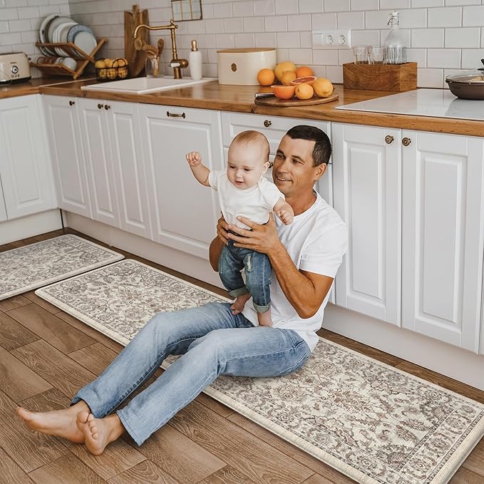 KIMODE Anti Fatigue Kitchen Rugs Sets of 2, Ergonomic Standing Cushioned Kitchen Floor Mats, Boho Kitchen Runner Stain Resistant, Non Slip Laundry Sink Rug Waterproof, 17.3"x59"+17.3"x29", Khaki