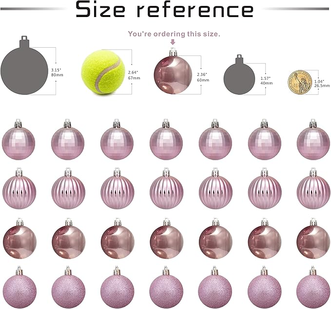 28ct Shatterproof Christmas Ball Ornaments in 4 Classic Finishes for Christmas Tree Decoration (Pink, 2.36“ Regular Size)