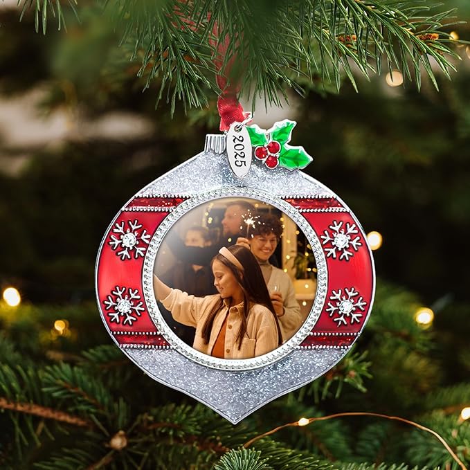 2025 Christmas Tree Ornament Picture Frame Metal Hanging Pendant Holiday 2" Photo Frame Charm Decorative of Pets, Baby First Christmas, Family (2025 Style 3)