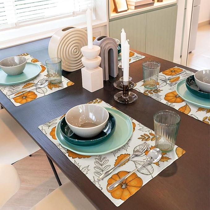 Autumn Orange Pumpkin Placemats, Rustic Farmhouse Vintage Fall Pumpkins Maple Leaves Thanksgiving Farmhouse Table Mats for Kitchen Dinning Indoor Outdoor Party Decor, 6PCS