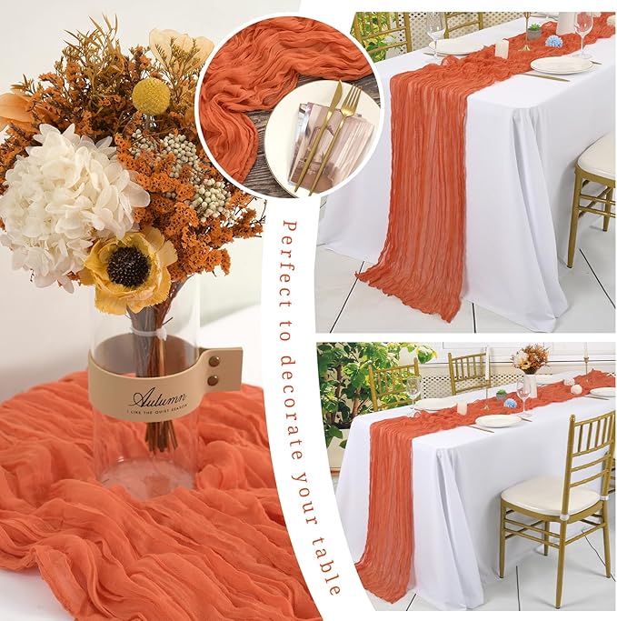 12 Pack Orange Cheesecloth Table Runner,10FT Gauze Boho Long Easter Cheesecloth Table Runners 20x120inch Rustic Cheese Cloth Table Runner for Wedding Party Bridal Shower Table Fall Decorations