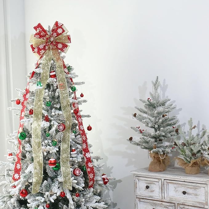 Christmas Tree Topper, Bow Large Christmas Bow Tree Topper, for Xmas Ornament Holiday Home Wedding Thanksgiving Indoor/Outdoor Decoration (Red Gold)