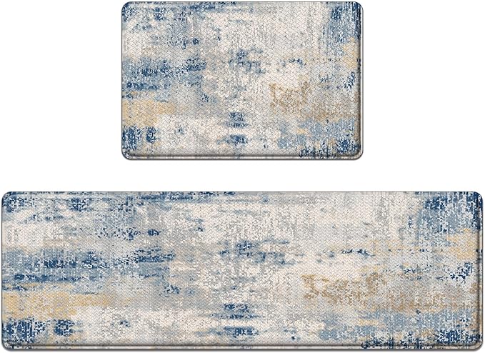 Arttown Modern Anti-Fatigue Kitchen Rug Set of 2 Blue Grey Cushioned Floor Standing Mat Waterproof Non-Slip Mat and PVC Ergonomic Comfort Foam Rug