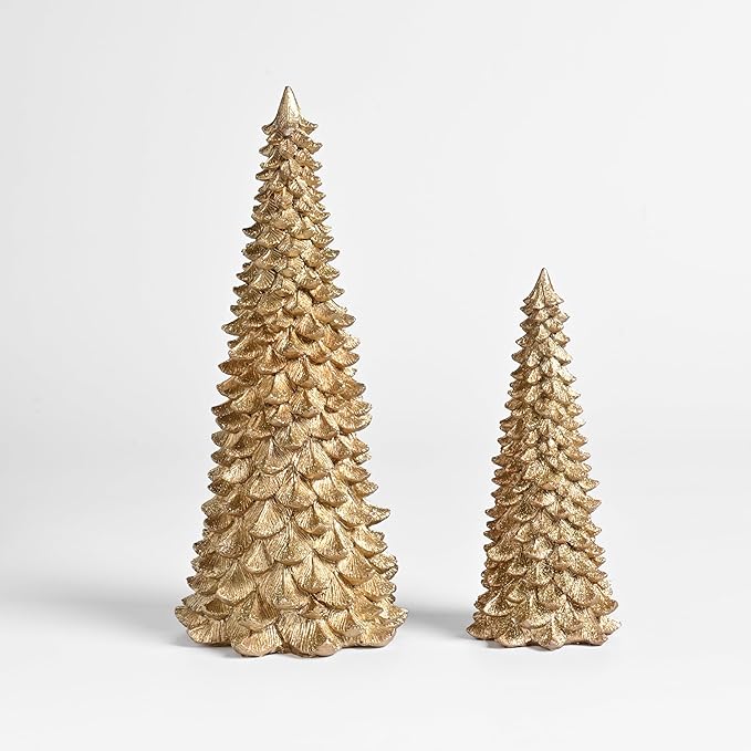 Gold Christmas Tree Figurines, 2Pcs Resin Glitter Christmas Tree for Tabletop Decoration, Small Christmas Trees Set, Decorative Xmas Trees for Christmas Mantel Indoor Home Decor