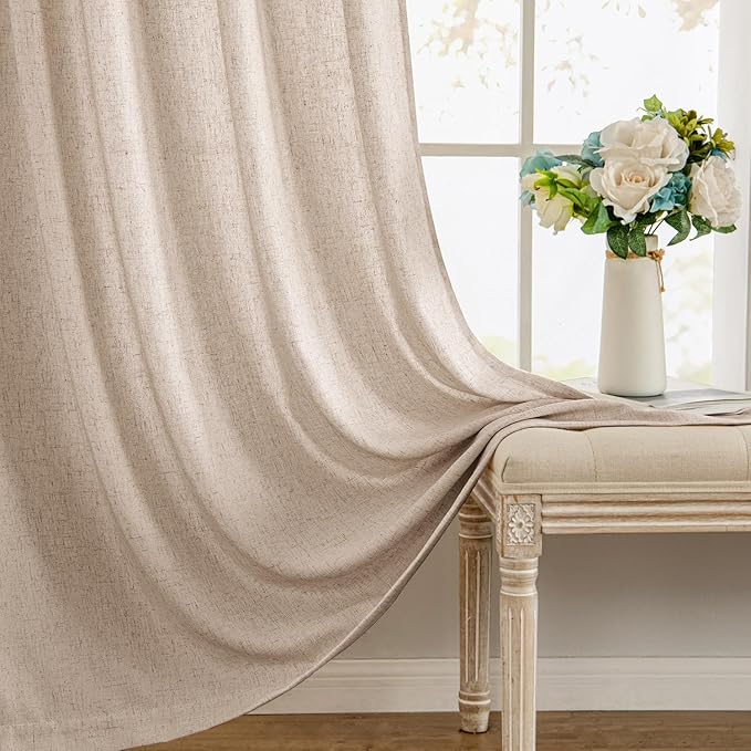 MIULEE Non-See-Through Privacy Linen Curtains 2 Panels, Light Filtering Window Curtains Farnhouse Textured Back Tab Semi Sheer Drapes for Bedroom Living Room, 52 x 96 Inches Long, Beige