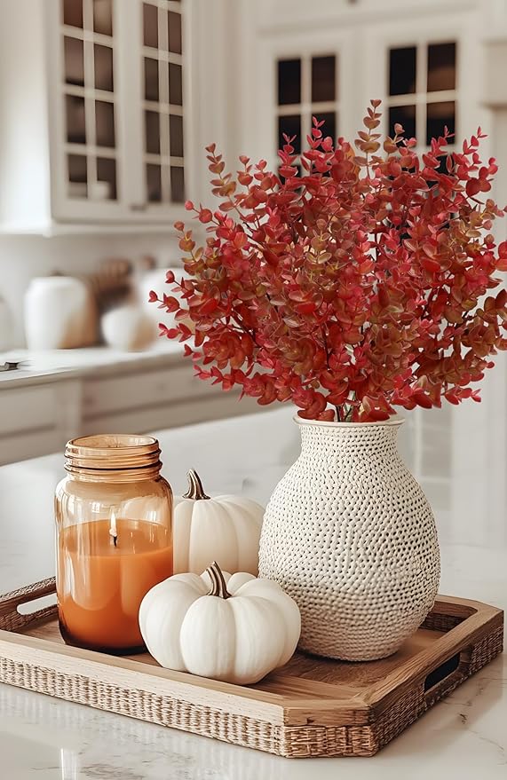 5 Stems Artificial Fall Greenery – 14.6" Eucalyptus Leaf Stems for Autumn Floral Arrangements, Thanksgiving Centerpieces, Fall Decor Bouquets, Burgundy Red