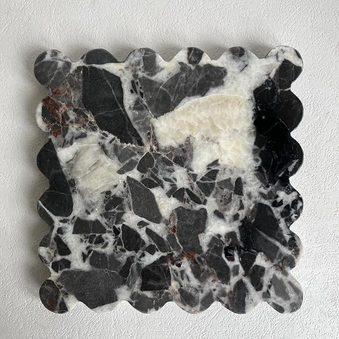 Vintage Natural Marble Tray Small Ornaments Scalloped Tray Handmade Storage Dish for Counter, Vanity, Dresser, Nightstand and Desk (Black White Brown)