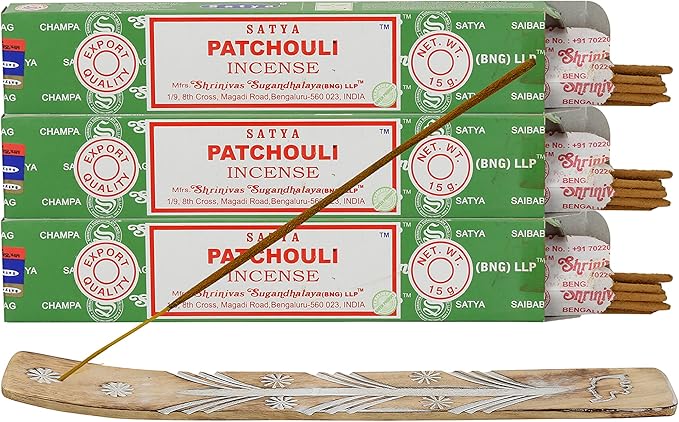 Satya Patchouli Incense Sticks, Satya Bng (Bangalore) Insenses 15gmx3 Pack (45 GMS) with Raajsee Incense Holder Bundle, Satya Nagchampa Natural Incense