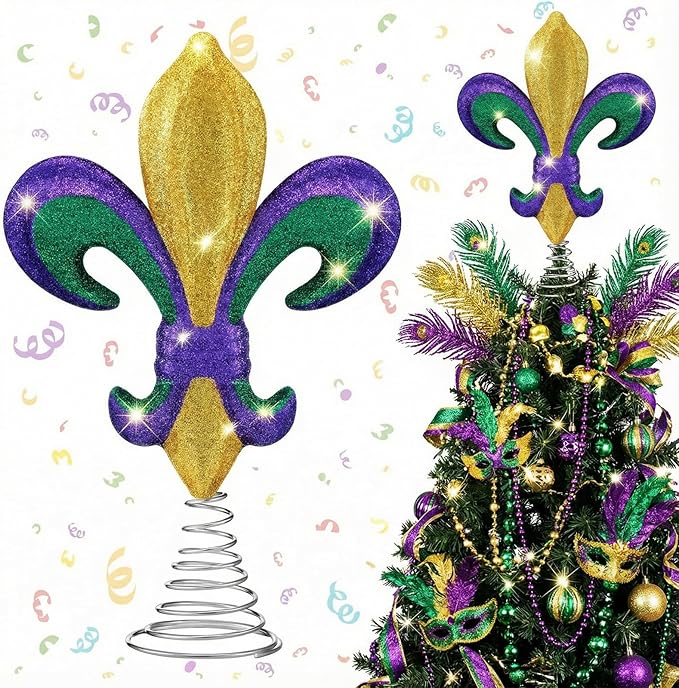 Gejoy 13 Inch Mardi Gras Tree Topper Glitter Purple Gold Green Tree Topper Fleur-de-lis Carnival Ornaments for Mardi Gras Carnival Party Holiday Decor Gifts