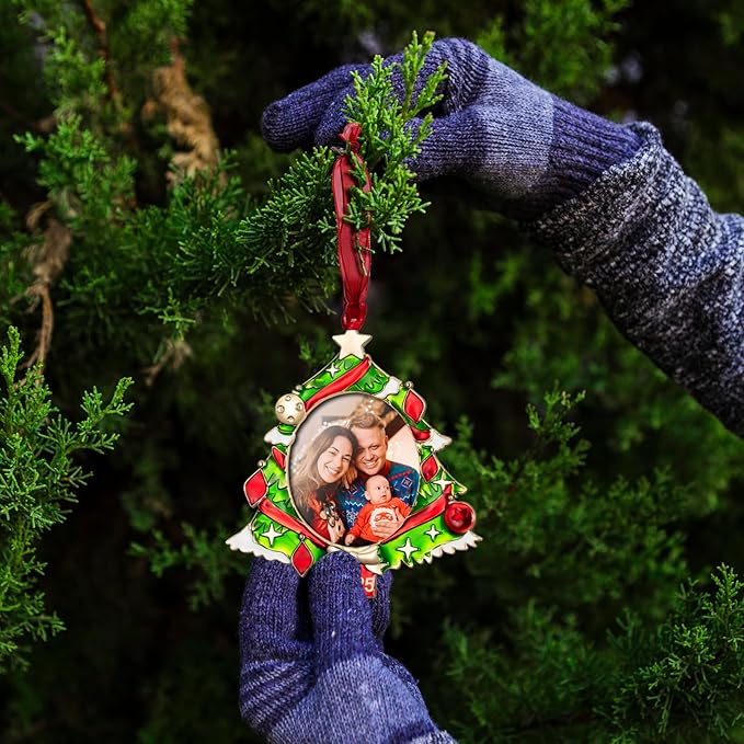 GUOER 3PCS Christmas Tree Ornaments Set Picture Frame Ornament Holiday Keepsake Gift Home Decor Christmas Decorations Xmas Gifts Pendant with 2” Photo Frame Insert (Golden Tree Set 2025)