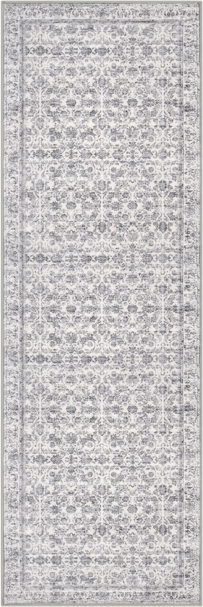 2x6 Washable Runner Rug for Hallways, Grey Soft Neutral Vintage Kitchen Rugs with Non-Slip, Non-Shedding Distressed Floral Rug for Bedroom Kitchen Porch Laundry Entryway