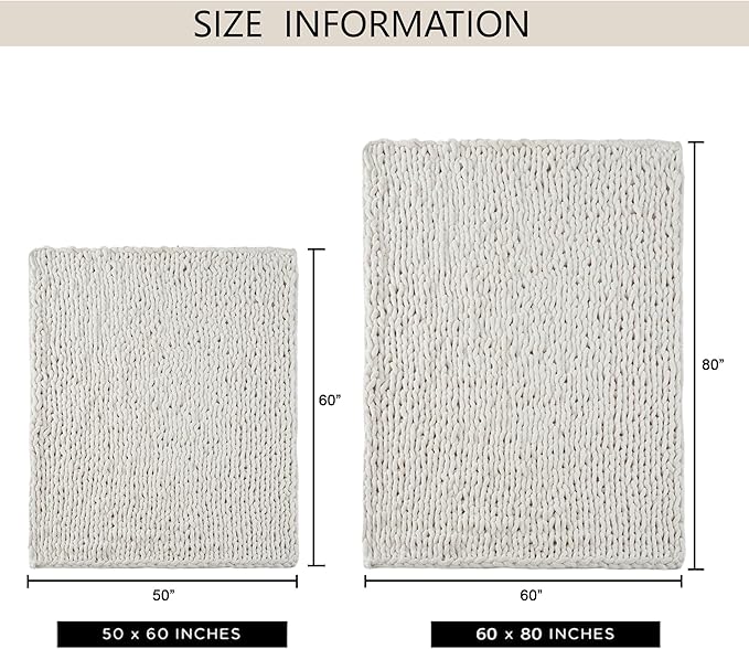 Chunky Knit Throw Blanket 60"X 80", 100% Handmade with Soft Chenille Yarn, 6.7lbs Thick Cable Knitted Blankets, Large Rope Knot Crochet Throws for Couch Sofa Bed Home Decor, Cream White