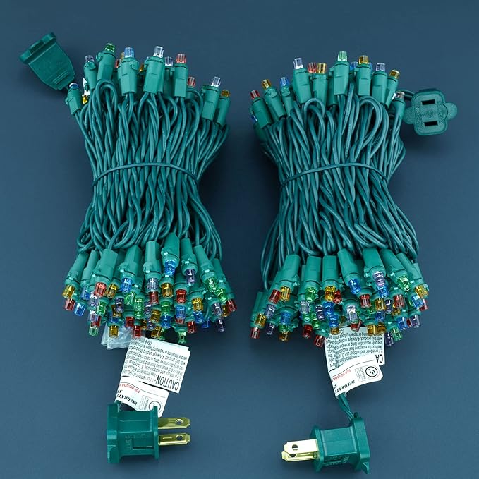 Multicolor Wide Angle Christmas Lights, Pack of 2 Sets 25 Ft 100 LED Green Wire 5mm UL Certified Commercial Grade Holiday String Light