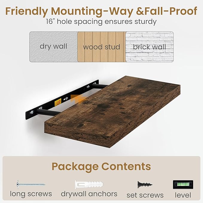 Fun Memories 48 Inch Floating Shelves, 9.3 Inch Deep Wall Shelves for Bathroom, Living Room, Bedroom, Kitchen, Deep Long Shelf Wall Mounted 1 Pack Shelf for Books, Decor, Rustic Brown