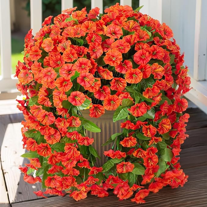HyeFlora Artificial Fake Hanging Flowers Plants for Outdoor Outside, 2PCS Faux Silk Orange Morning Glory Trailing Vines UV Resistant Look Real for Home Planter Porch Patio