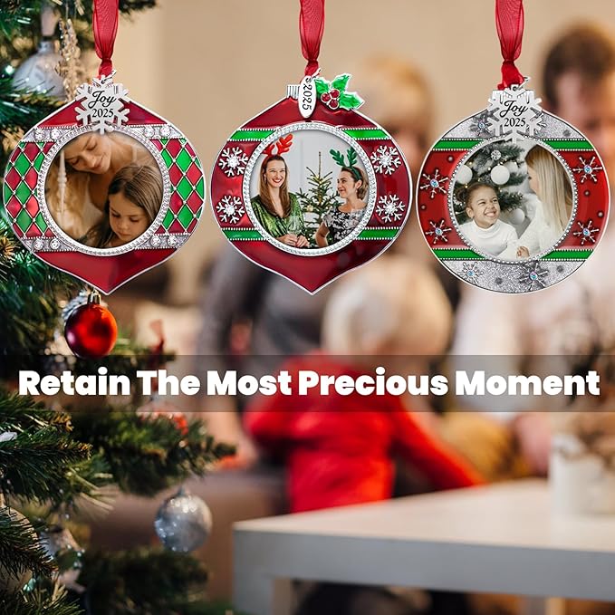 GUOER 3PCS Christmas Tree Ornaments Set Picture Frame Ornament Holiday Keepsake Gift Home Decor Christmas Decorations Xmas Gifts Pendant with 2” Photo Frame Insert (Red & Green 2025)