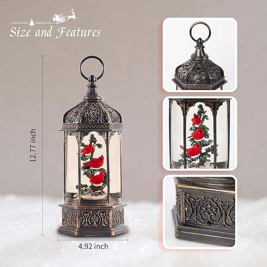 12.8" Christmas Snow Globe Lantern Christmas Decorations Indoor with Swirling Glitter Three Cardinals in The Tree, Lighted Musical Snow Globes for Home Decoration USB Powered or Battery Operated