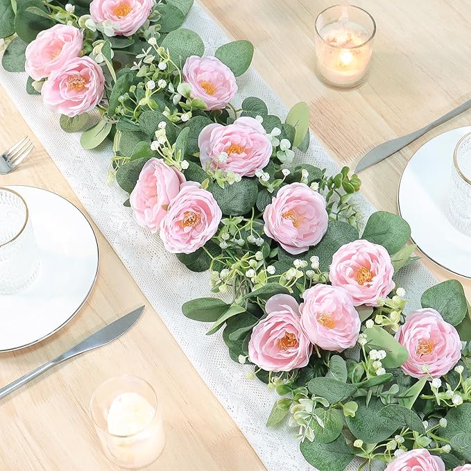 TOCHGREEN 2 Pack 13Ft Artificial Eucalyptus Flower Garland with Pink Roses, Fake Rose Flower Greenery Garland Floral Vines for Wedding Home Party Table Runner Decor (4PCS, Pink)