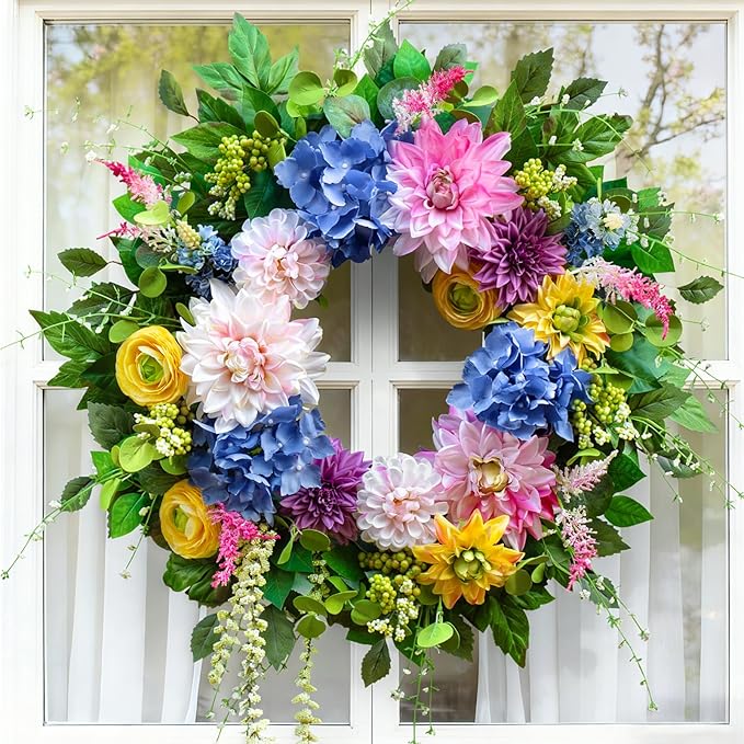Spring and Summer Wreaths for Front Door 24 Inch Summer Wreath with Vibrant Dahlia, Gerbera Daisy & Primula Floral Arrangement - All Seasons Summer & Spring Door Wreath for Outside Decor