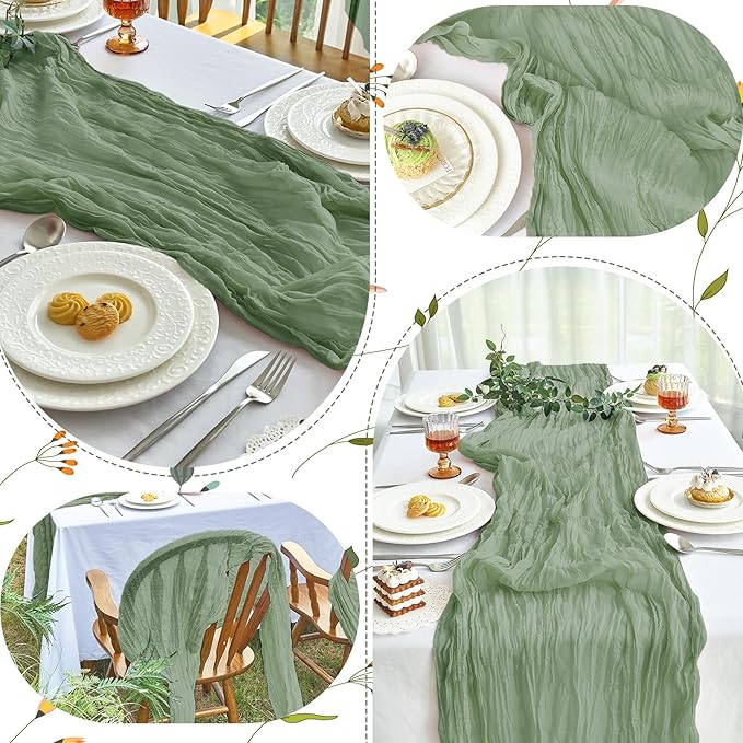 IVAPUPU 10 Pcs Cheesecloth Table Runner - 10ft Sage Green Boho Gauze Cheese Cloth Table Runners for Baby Shower Decoration Wedding Party Summer Garden Farmhouse