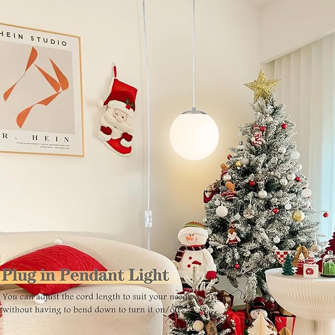 KoKo&Yukina 10" Globe Pendant Light Nickel Plug in Pendant Light Adjustable Hanging Lights with Plug in Cord Nickel Finished with Milk Glass Lampshade for Bedroom Kitchen Island(Bulb Included)