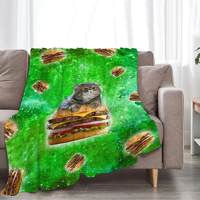 Tijuboni Hamburger Cat Throw Blanket Funny Cat Gifts for Girls Boys Women Men Kids Adults Soft Flannel Fleece Blanket for Couch Sofa Bed Home Decor 60"x80"