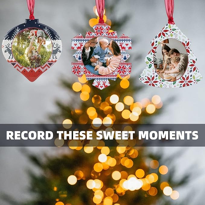 GUOER 3PCS Christmas Tree Snowflake Picture Frame Ornaments Set Holiday Keepsake Gift Home Decor Christmas Decorations Xmas Gifts Pendant with 2.5” Photo Frame Insert (Colorful)