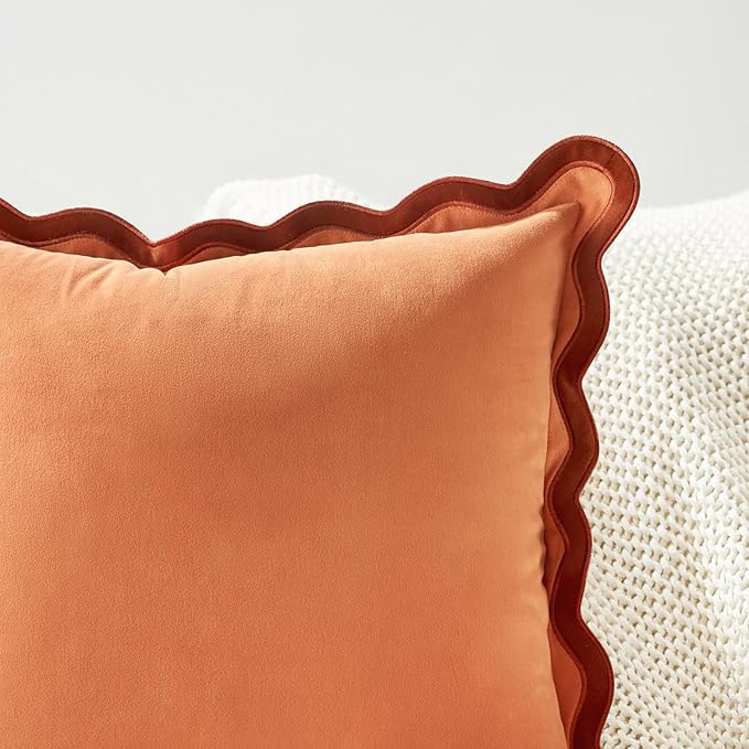 MONDAY MOOSE Decorative Throw Pillow Covers Cushion Cases, Set of 2 Soft Velvet Scalloped Wavy Edge Designs, Mix and Match for Home Decor, Pillow Inserts Not Included (16x16 inch, Rust/Coral)