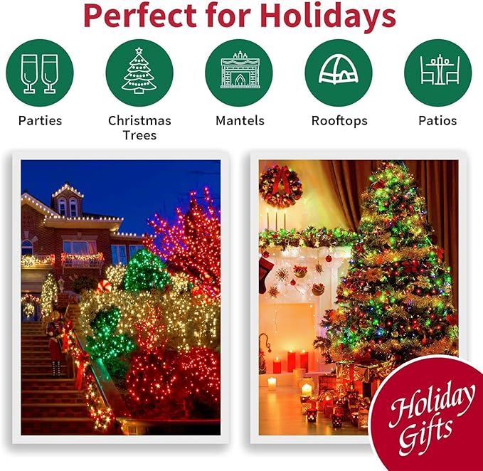 LAMPHOME 33ft Christmas Decorative Mini Lights, 100 LED Green Wire Fairy Starry String Lights Plug in, 16 Lighting Modes for Indoor Outdoor Xmas Tree Wedding Party Decoration (Red/Green/Warm)