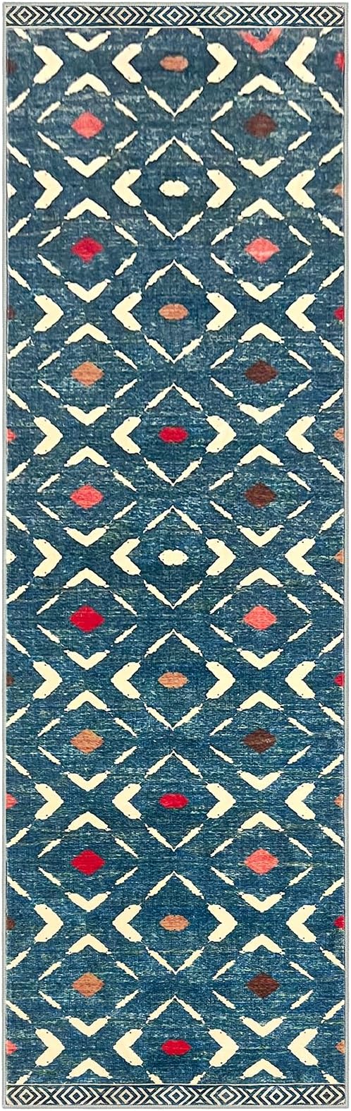 KILOCOCO Hallway Runner Rug 3x8 Runners for Hallways Washable Runner Soft Non Slip Printed Geometric Rubber Backed Low-Pile Rug Runners for Bedroom Kitchen Living Room Boho Rugs, Teal/Blue