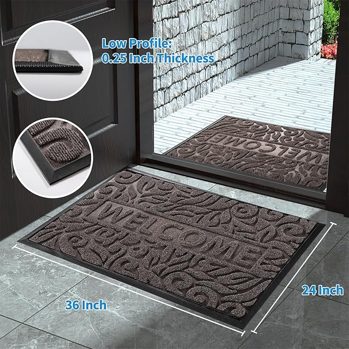 Yimobra Large Welcome Mat 36x24, Waterproof Non-Slip Outdoor Mats for Front Door Outside Entrance, Low-Profile Entryway Mat Indoor for Garage Patio, Brown