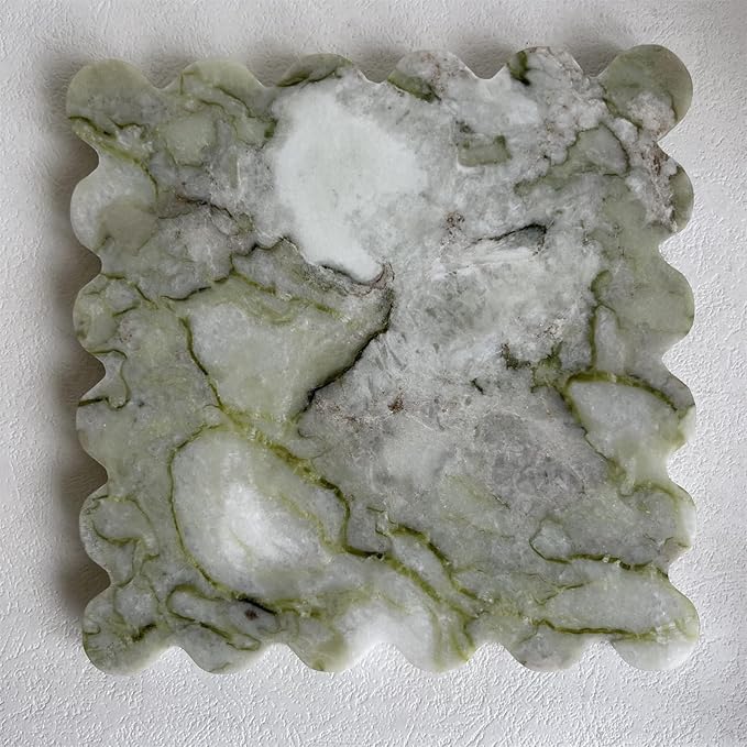 Vintage Natural Marble Tray Small Ornaments Scalloped Tray Handmade Storage Dish for Counter, Vanity, Dresser, Nightstand and Desk (Green Emerald)