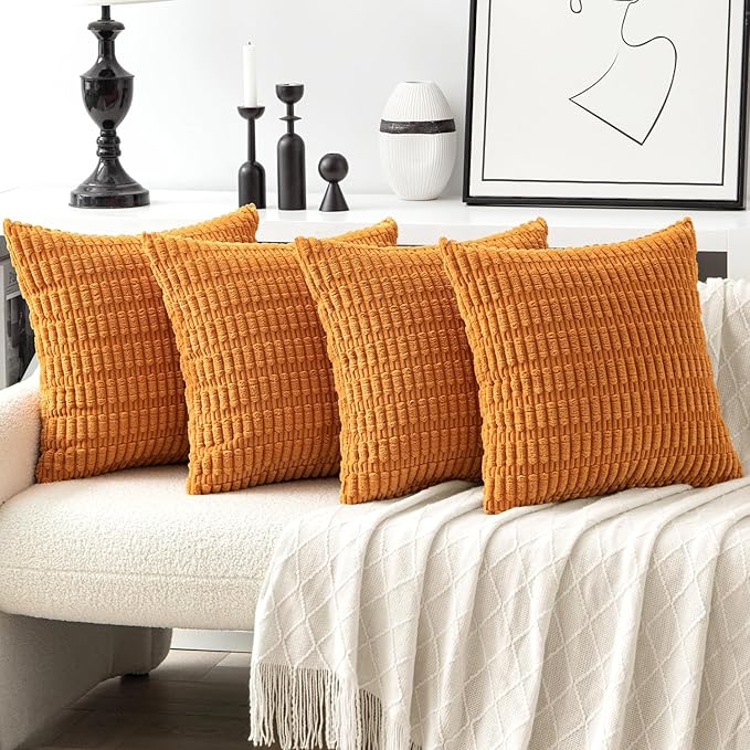 MIULEE Pack of 4 Fall Burnt Orange Corduroy Decorative Throw Pillow Covers 18x18 Inch Soft Boho Striped Pillow Covers Modern Farmhouse Home Decor for Sofa Living Room Couch Bed