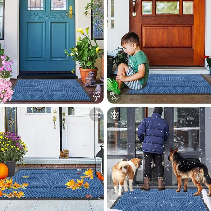 Smiry Front Door Mat Outside Entrance, Heavy Duty Sturdy Natural Rubber Doormat, Trap Dirt and Moisture, Easy Clean Low Profile Welcome Floor Mats for Indoor Outdoor Entry, 35X23 Inch, Blue