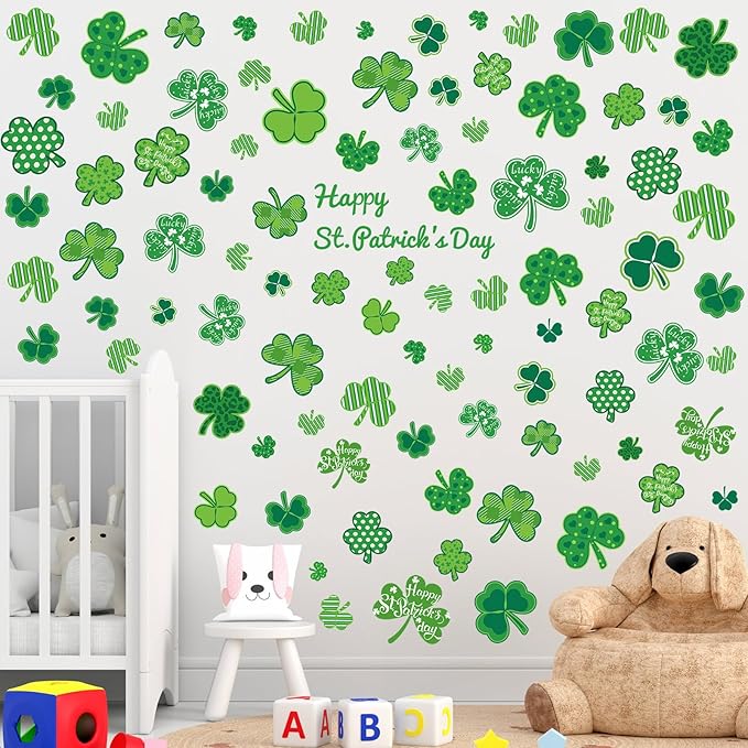 Eersida 6 Sheets St. Patrick's Day Wall Stickers Shamrock Wall Decals for Party Supplies Decorations Large Shamrock Green Quotes Wall Stickers St. Patrick's Happy Decals for Window Clings Glass