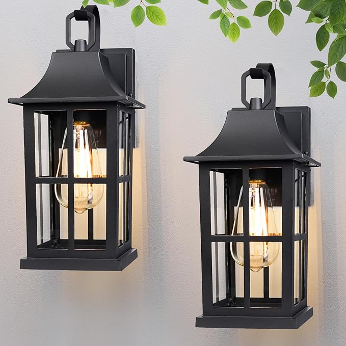 2 Pack Classic Outdoor Wall Sconce Matte Black Rectangular Frame and Clear Glass Shade Waterproof Porch Light Patio Light ETL Listed