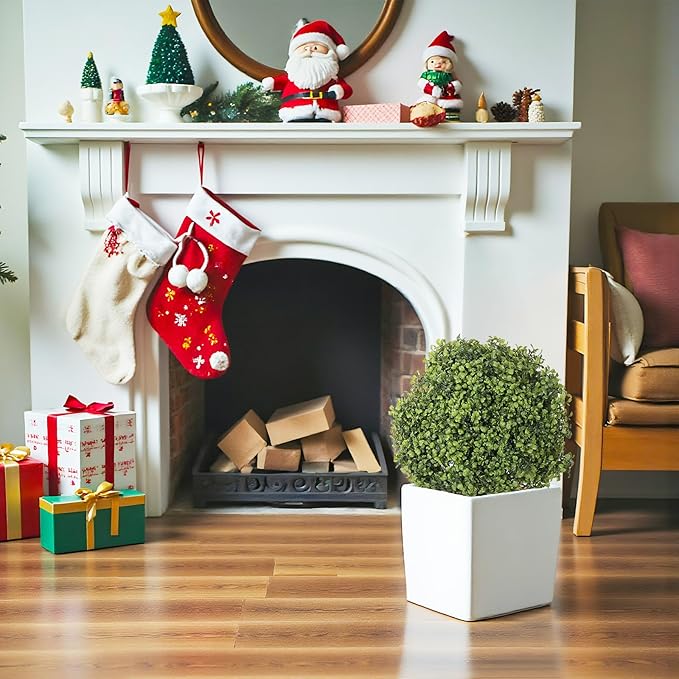 24" Faux Boxwood Plants Outdoor, Artificial Topiary Ball Trees Set of 2, UV Resistant Fake Potted Evergreen Realistic Greenery Bushes Shrubs for Outside Front Porch Planter Patio Indoor Decor 2ft Tall