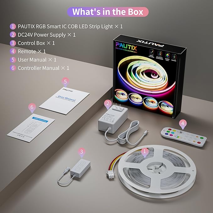 PAUTIX RGB Smart IC COB LED Strip Lights,6.56ft/2m Addressable UL-Listed 24V Chasing Color Flexible Tape Light Multicolor,Work with Alexa/Google Assistant,for Cabinet,TV,Bedroom,Party DIY Decoration