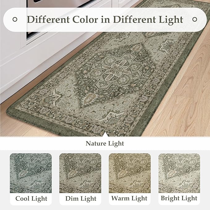 KIMODE Anti Fatigue Mats for Kitchen Floor 17"x47"+17"x29", Boho Kitchen Rugs Sets of 2,Cushioned Kitchen Floor Mats, Comfort Standing Mat for Laundry, Office, Sink, Desk Dark Green