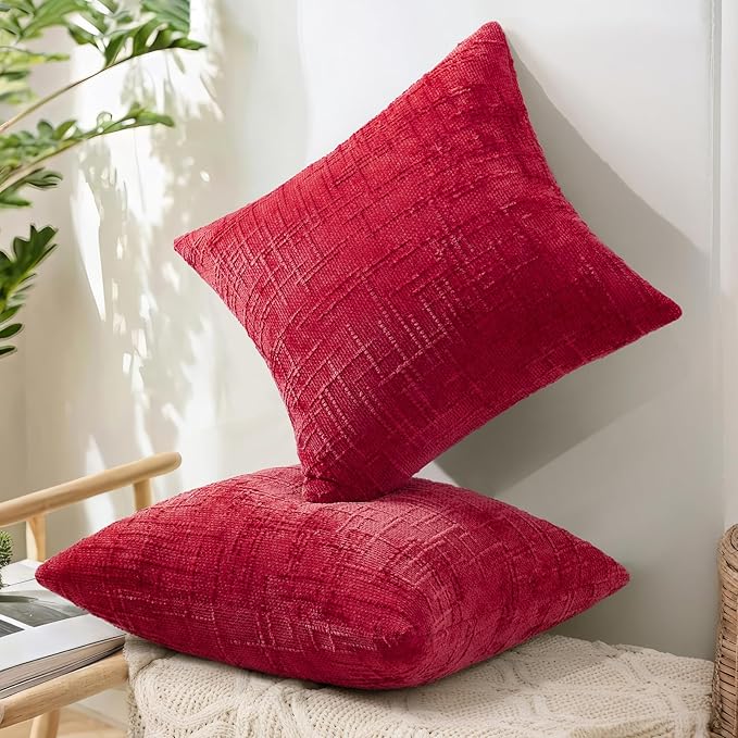 decorUhome Christmas Red Chenille Throw Pillow Covers 12x20 Set of 2 Thick Textured Slubby Couch Pillow Covers Farmhouse Accent Modern Neutral Decorative Pillow Cases for Bed Sofa Living Room