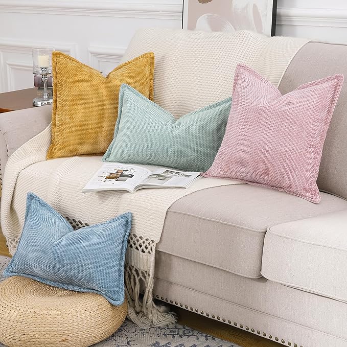 MADIZZ Chenille Velvet Throw Pillow Covers with Flange Set of 2 Super Soft Boho Textured Pillow Covers Decorative Throw Pillowcases Modern Farmhouse Home Decor for Sofa Bedroom Yellow 12x20 Inch