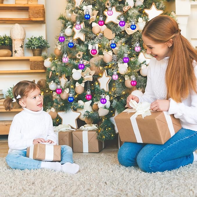 Boao 96 Pcs Christmas Mini Balls Ornaments Miniature Xmas Tree Ornaments Multicolour Shiny Small Hanging Decorations for Christmas Holiday Party Decor(0.79 Inch,Pink, Purple, Blue, Rose Balls)
