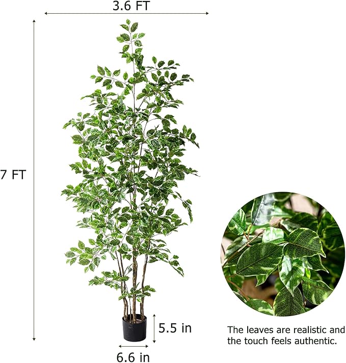 Artificial Ficus Tree Indoor 7ft, Large Potted Faux Tree with Realistic Silk Leaves & Trunk for Home Office, Living Room Corner Decor