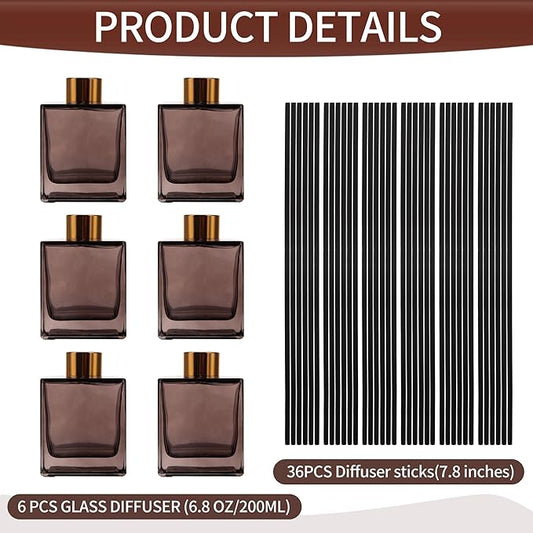 6 Pack Perfume Reed Diffuser Bottle,Empty Square Essential Oil Bottles Glass Jar with Black Sticks for DIY Fragrance Replacement Diffuser Sets (200ml/6.8 oz, Brown Color)