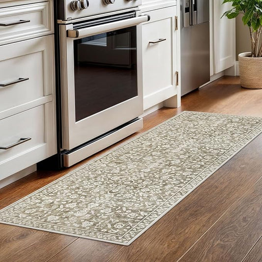 Vintage Washable Runner Rug 2x6, Beige Taupe Runners for hallways, Super Soft Neutral Kitchen Runner Rug Non Slip, Print Faux Wool Floral Thin Carpet Runner for Entryway Laundry Room Bedroom