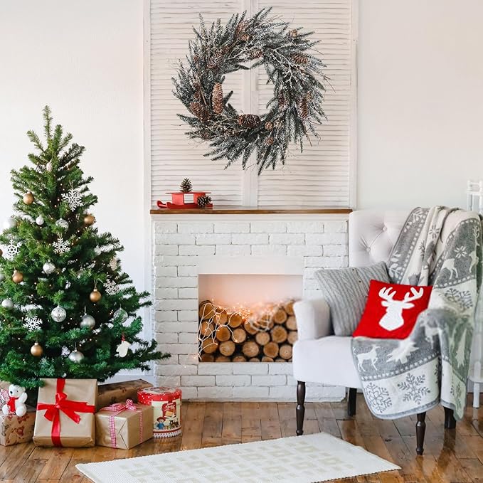 24 Inch Snow Flocked Norfolk Pine Winter Wreath with Twig & Pinecone- Artificial Winter Wreaths for Front Door Porch Wall Window Porch Fireplace Outdoor Decor