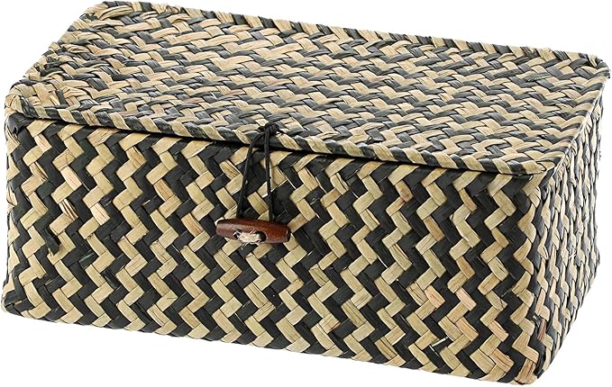 Hipiwe X-small Wicker Basket with Lid Natural Seagrass Storage Baskets Box Handwoven Household Organizer Box Multipurpose Woven Storage Basket for Shelf Closet,Black