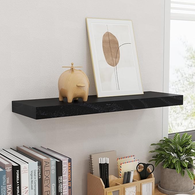 fuqing Black Floating Shelves | 24 Inch Wood Floating Shelves for Wall Set of 2 | 24" W x 6.7" D x 1.4" H Rustic Black Wooden Shelves for Bathroom Living Room Bedroom Kitchen